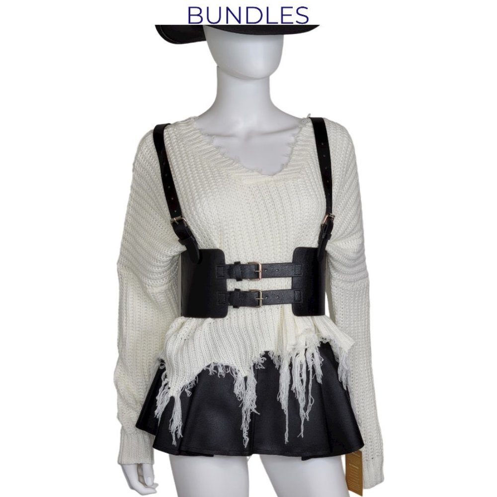 Leather Vintage Style Suspender Belt, Distressed Sweater, and Peplum Skirt